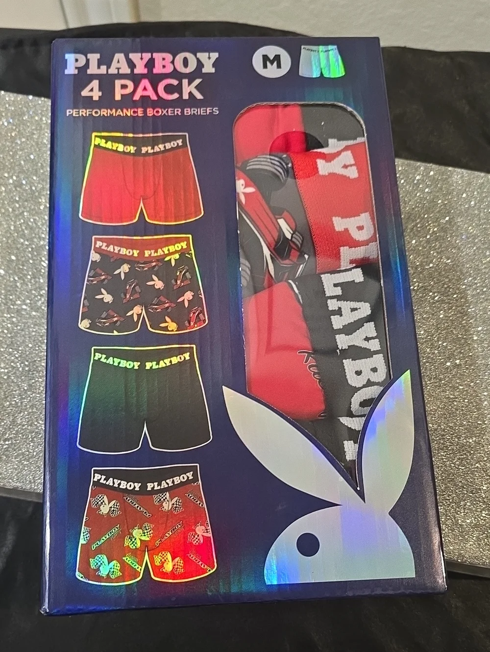 PLAYBOY 4-PK Logo Band Racetrack/Solid Performance Boxer Briefs